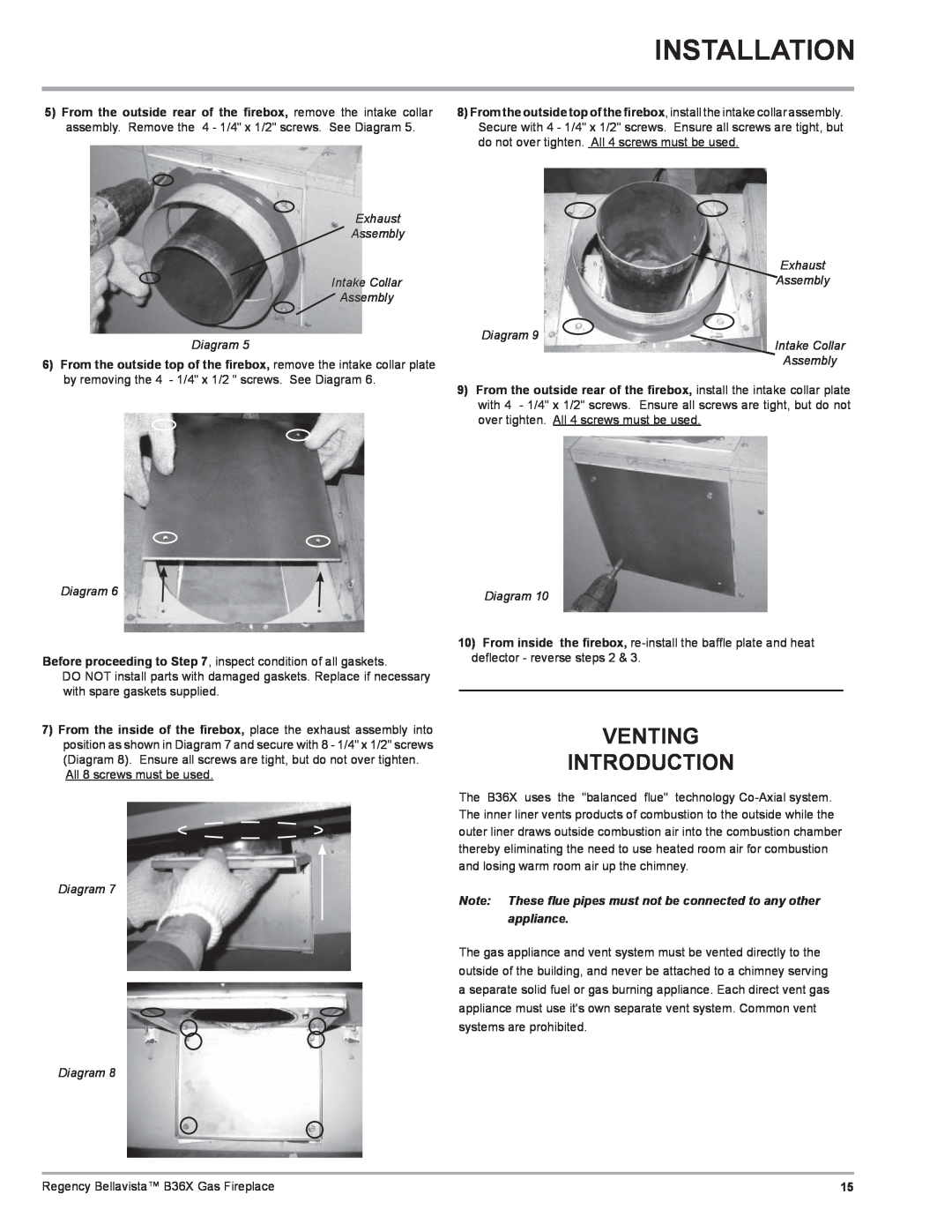 Regency B36X Installation, Venting Introduction, Exhaust Assembly Intake Collar Assembly Diagram, Diagram Diagram 
