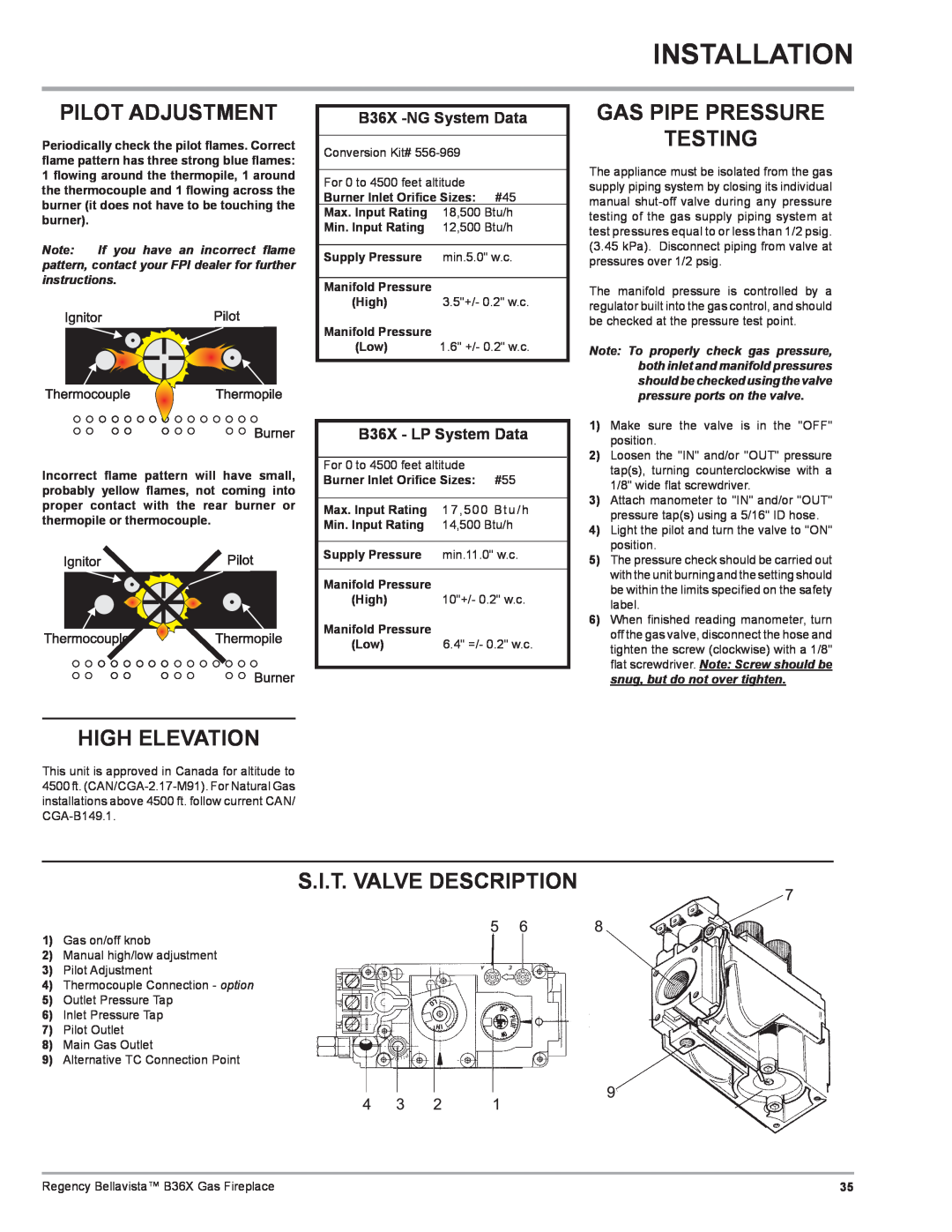 Regency B36X Installation, Pilot Adjustment, Gas Pipe Pressure Testing, High Elevation, S.I.T. Valve Description 