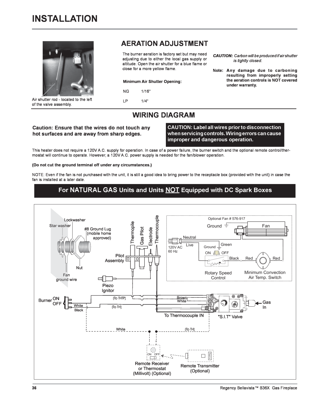 Regency B36X installation manual Installation, Aeration Adjustment, Wiring Diagram 