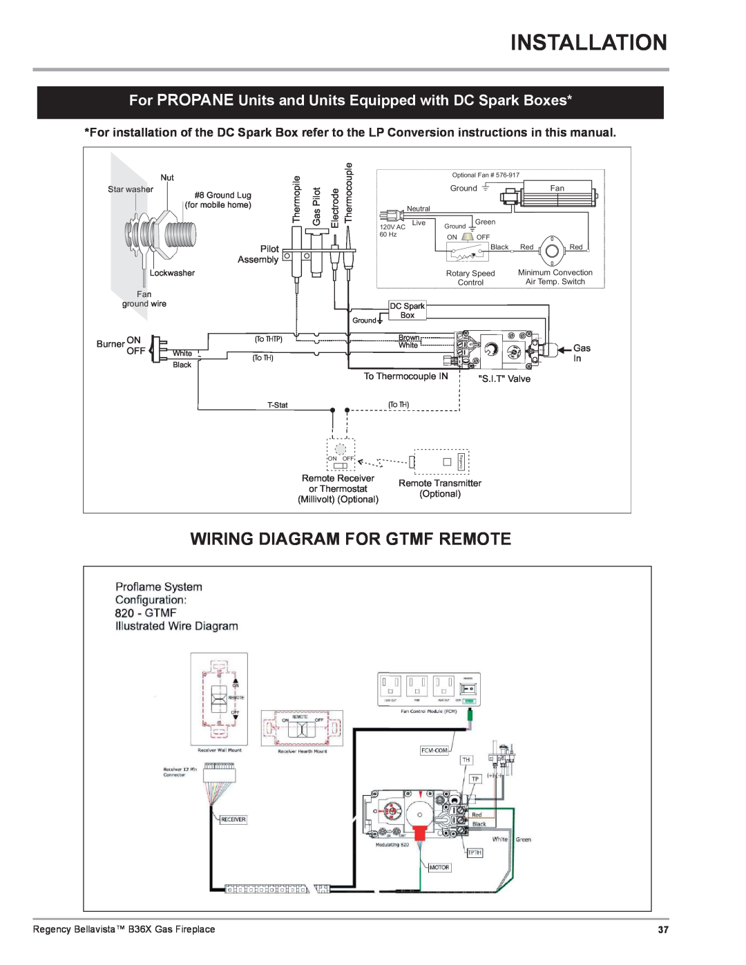 Regency B36X Installation, Wiring Diagram For Gtmf Remote, Thermopile, Thermocouple, GasPilot, Electrode, Assembly, Burner 