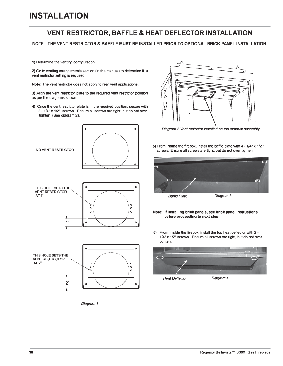 Regency installation manual Installation, Bafﬂ e Plate, Heat Deﬂ ector, Diagram, Regency Bellavista B36X Gas Fireplace 