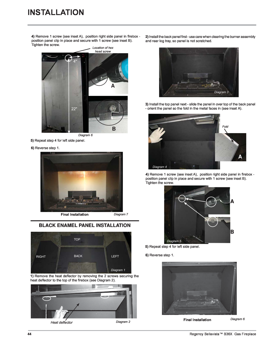 Regency B36X installation manual Black Enamel Panel Installation, Final Installation, Heat deﬂ ector 