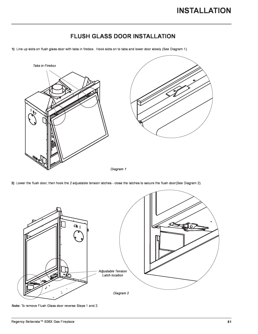 Regency B36X Flush Glass Door Installation, Tabs in Firebox Diagram, Adjustable Tension Latch location Diagram 