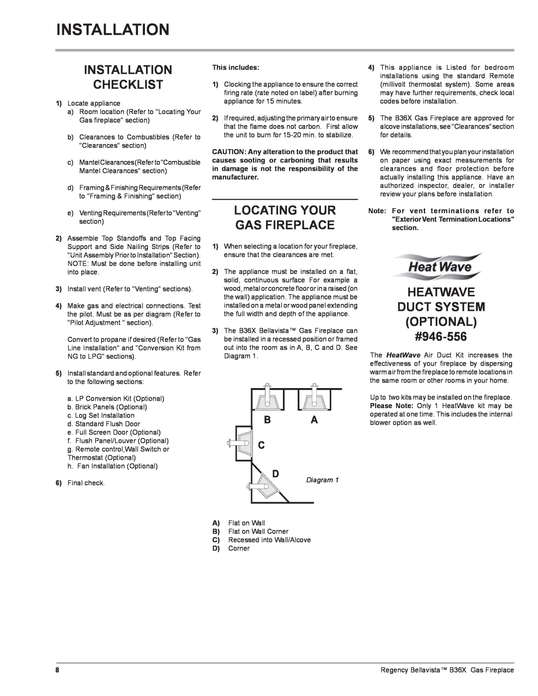Regency B36X Installation Checklist, Locating Your Gas Fireplace, HEATWAVE DUCT SYSTEM OPTIONAL #946-556, Diagram 
