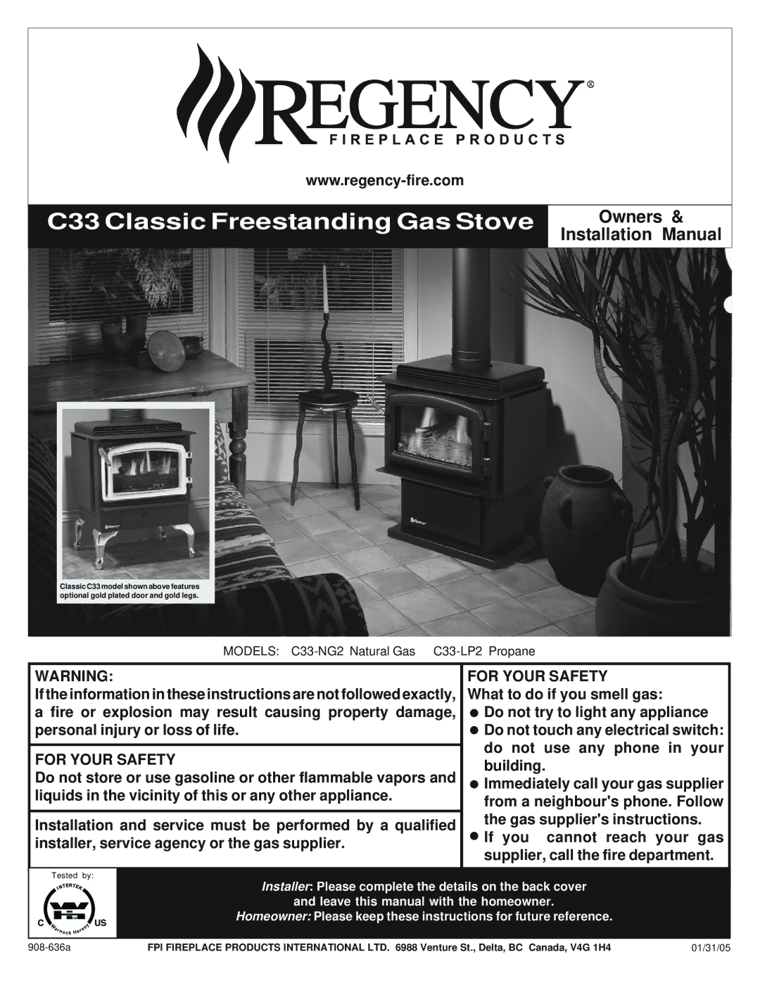 Regency C33-NG2, C33-LP2 installation manual C33 Classic Freestanding Gas Stove 