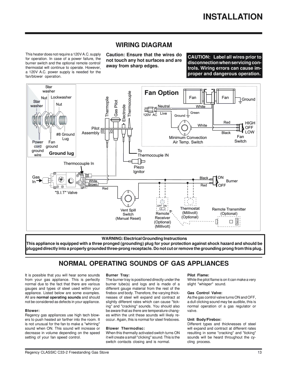 Regency C33-NG2, C33-LP2 installation manual Wiring Diagram, Normal Operating Sounds of GAS Appliances 