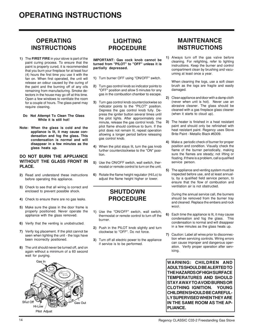 Regency C33-LP2, C33-NG2 Operating Instructions, Lighting Procedure, Shutdown Procedure, Maintenance Instructions 