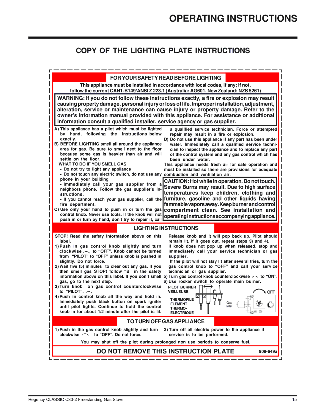 Regency C33-NG2, C33-LP2 Copy of the Lighting Plate Instructions, Severe Burns may result. Due to high surface 