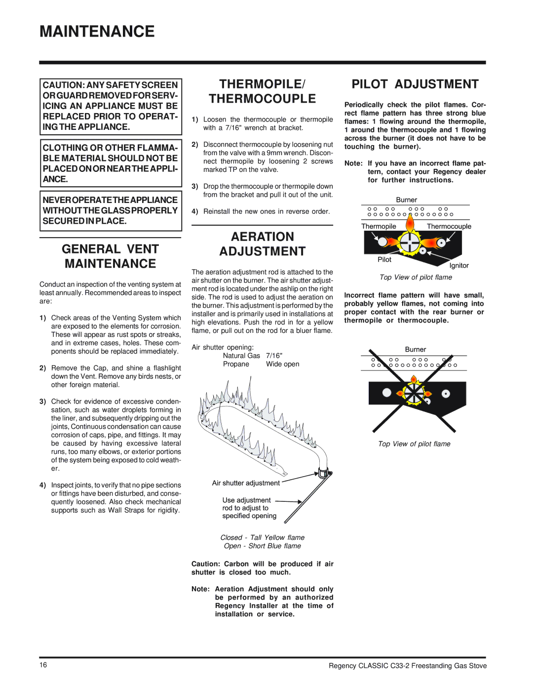 Regency C33-LP2, C33-NG2 Thermopile Thermocouple, Pilot Adjustment, General Vent Maintenance, Aeration Adjustment 