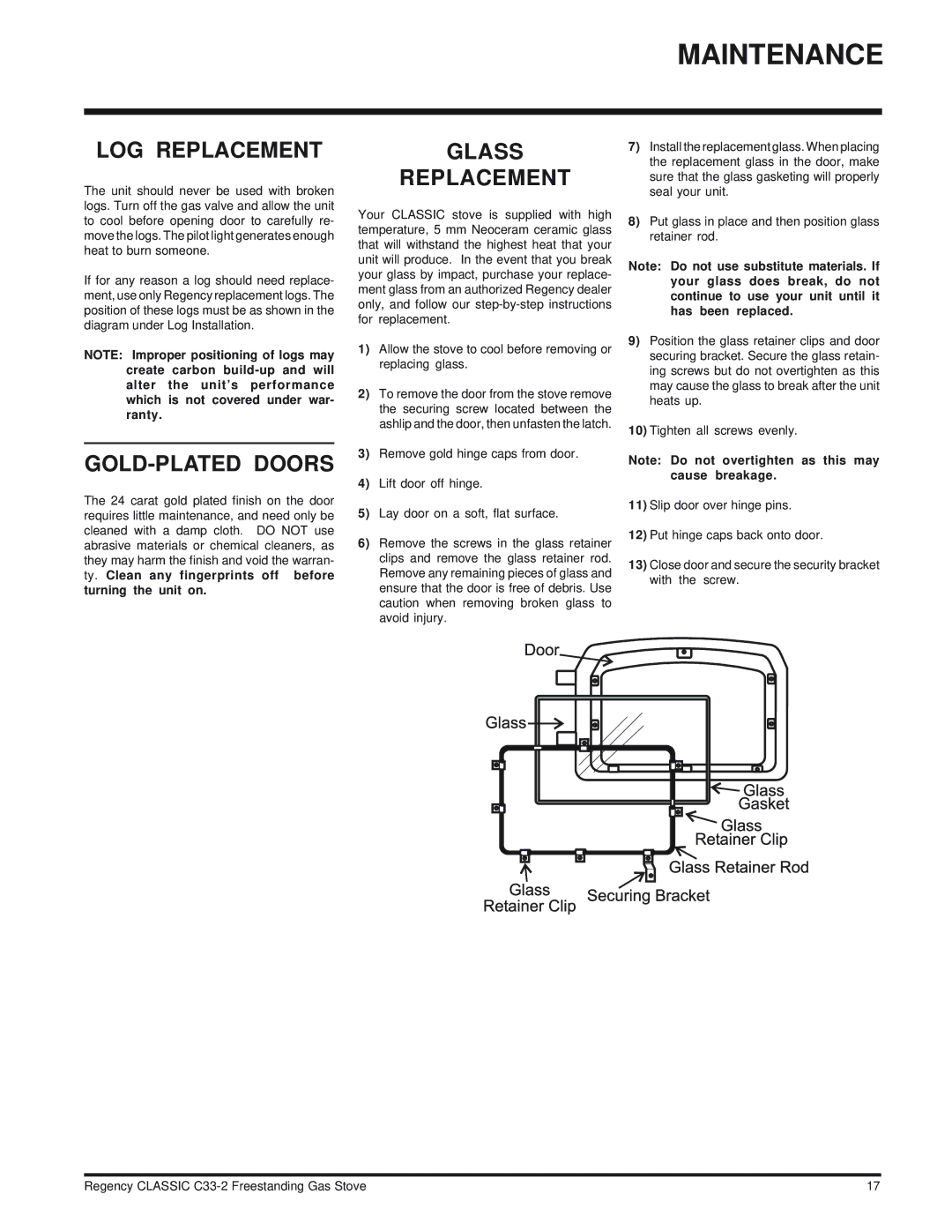 Regency C33-NG2, C33-LP2 installation manual LOG Replacement, GOLD-PLATED Doors, Glass Replacement 