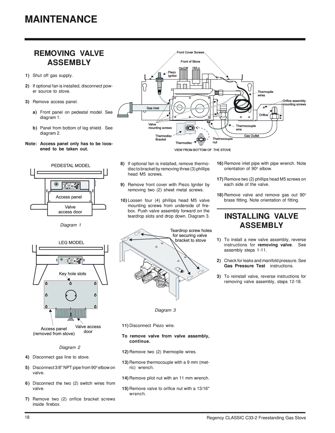 Regency C33-LP2, C33-NG2 Removing Valve Assembly, Installing Valve, To remove valve from valve assembly, continue 