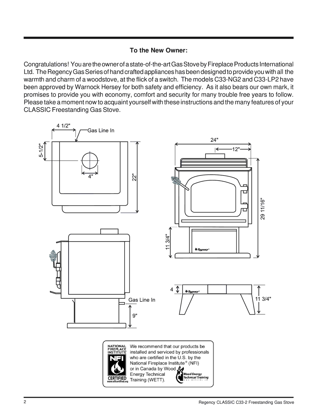 Regency C33-LP2, C33-NG2 installation manual To the New Owner 