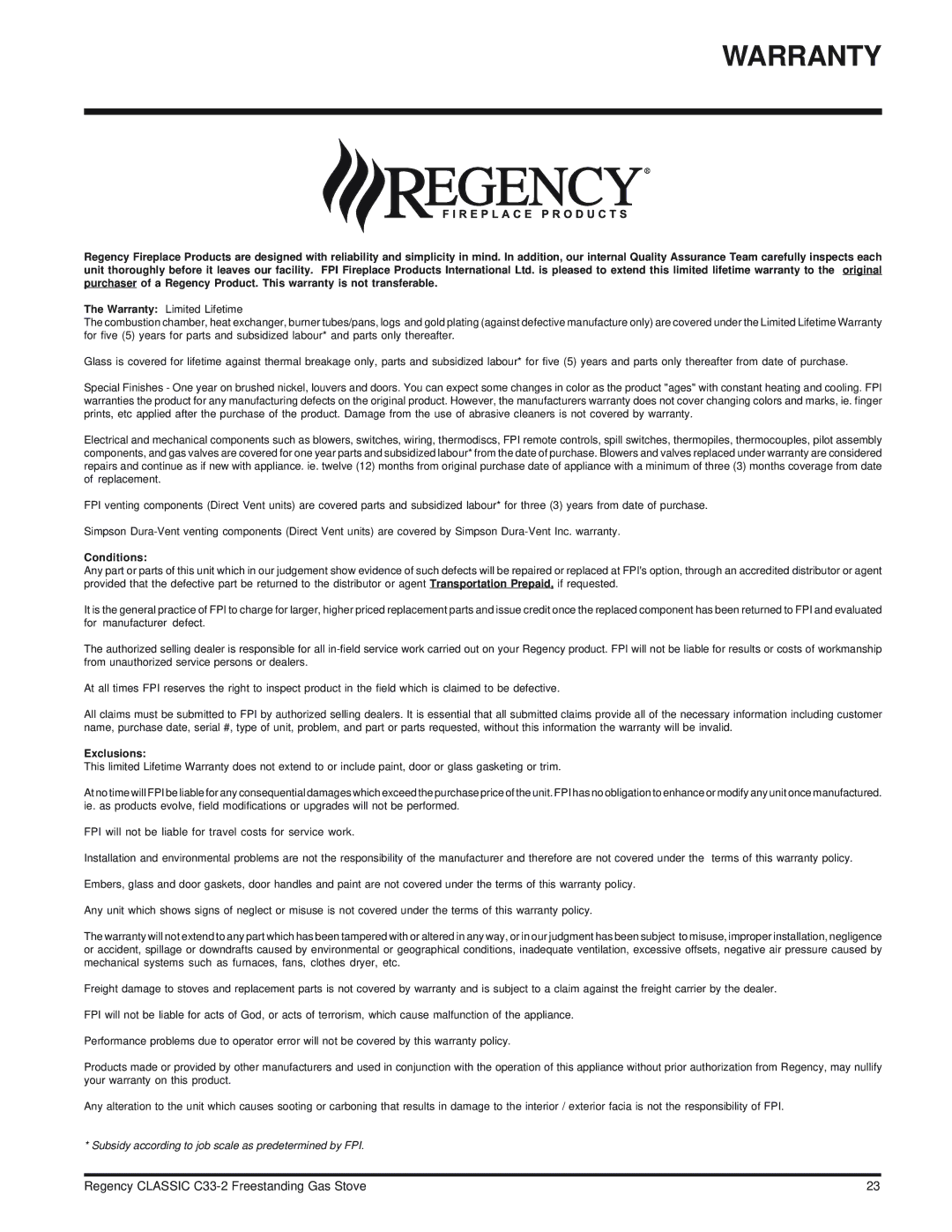 Regency C33-NG2, C33-LP2 installation manual Warranty, Conditions 