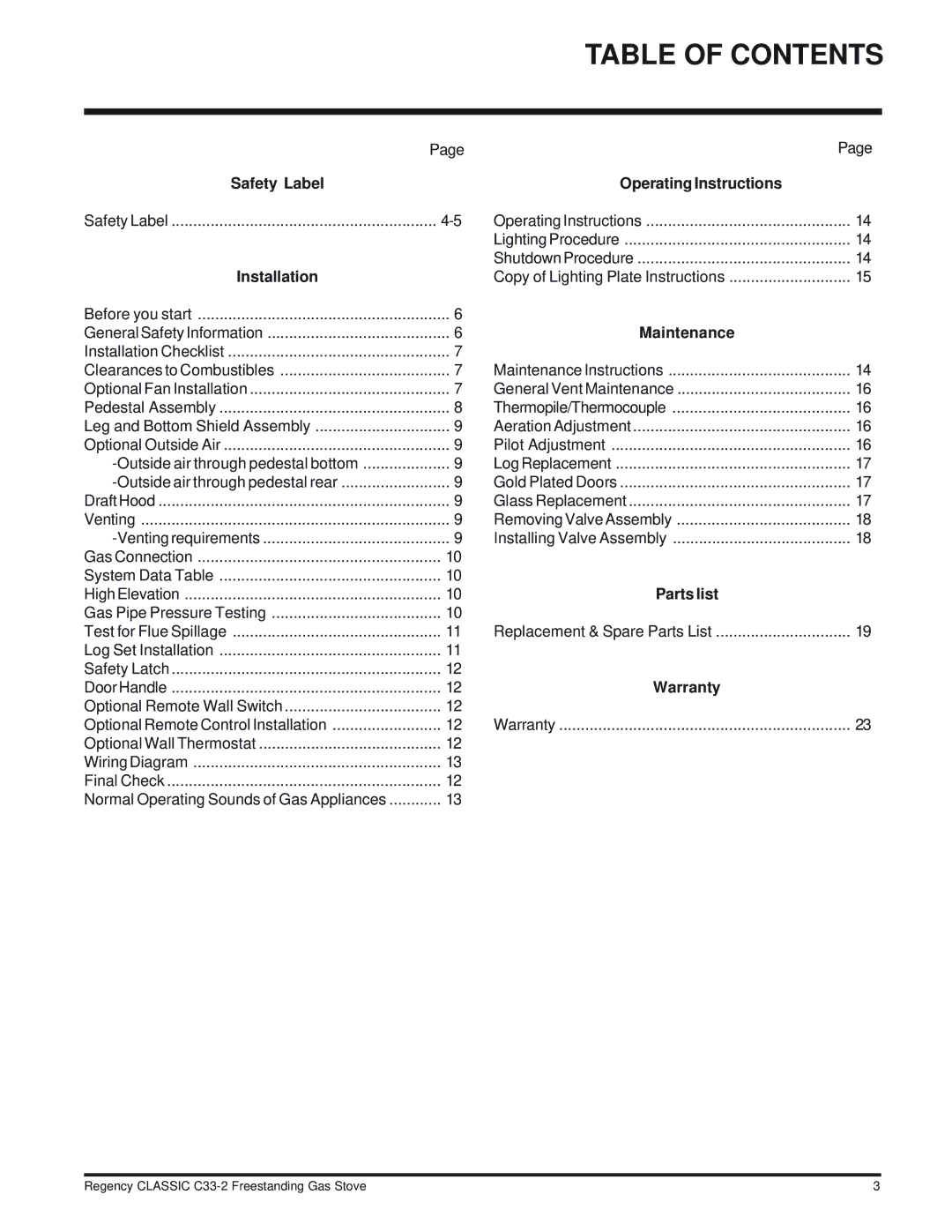 Regency C33-NG2, C33-LP2 installation manual Table of Contents 