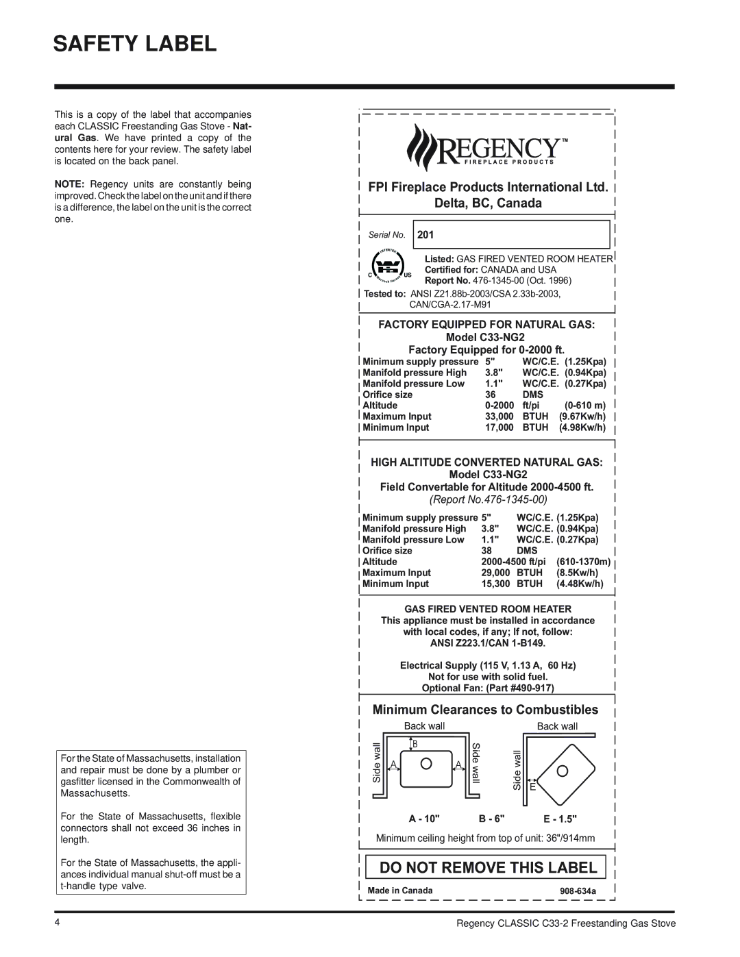 Regency C33-LP2, C33-NG2 installation manual Safety Label, Delta, BC, Canada 