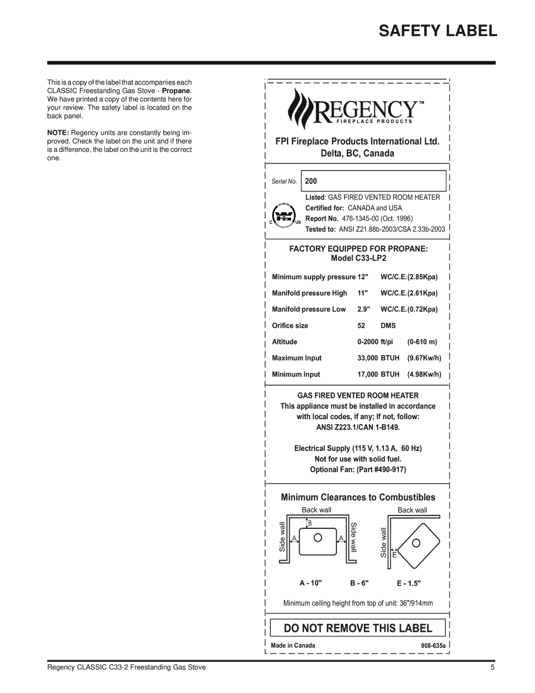 Regency C33-NG2, C33-LP2 installation manual Do not Remove this Label 