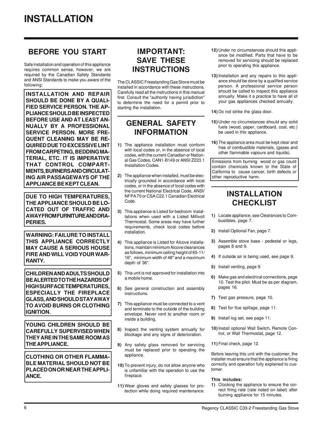 Regency C33-LP2, C33-NG2 Installation, Before YOU Start, Save These Instructions, General Safety Information 