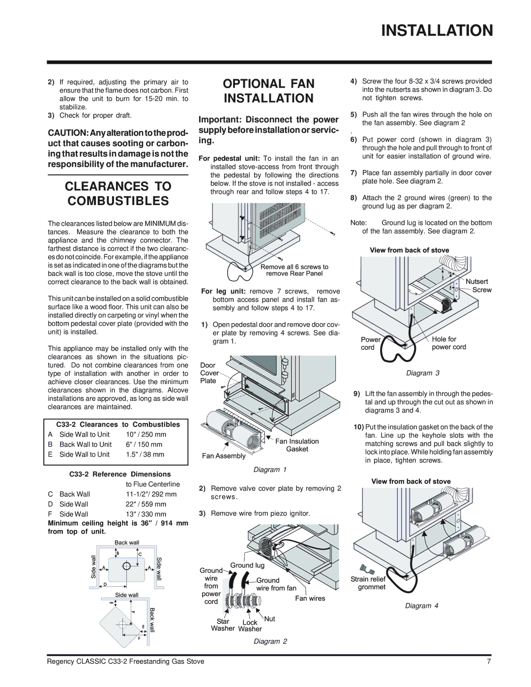 Regency C33-NG2, C33-LP2 Optional FAN Installation, C33-2 Clearances to Combustibles, C33-2 Reference Dimensions 