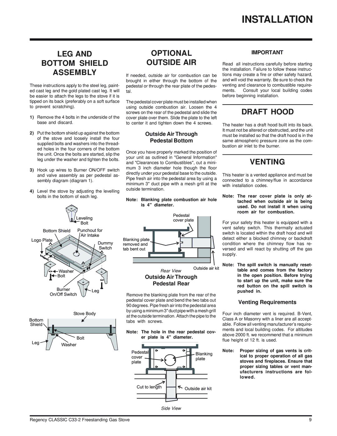 Regency C33-NG2, C33-LP2 installation manual LEG Bottom Shield Assembly, Optional Outside AIR, Draft Hood, Venting 