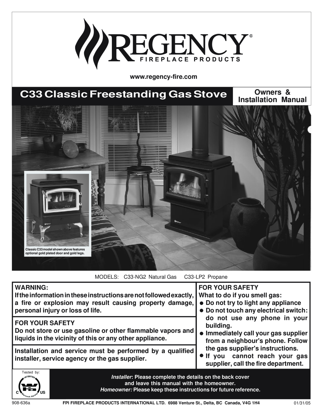 Regency C33-NG2, C33-LP2 installation manual C33 Classic Freestanding Gas Stove, Owners, Installation Manual 
