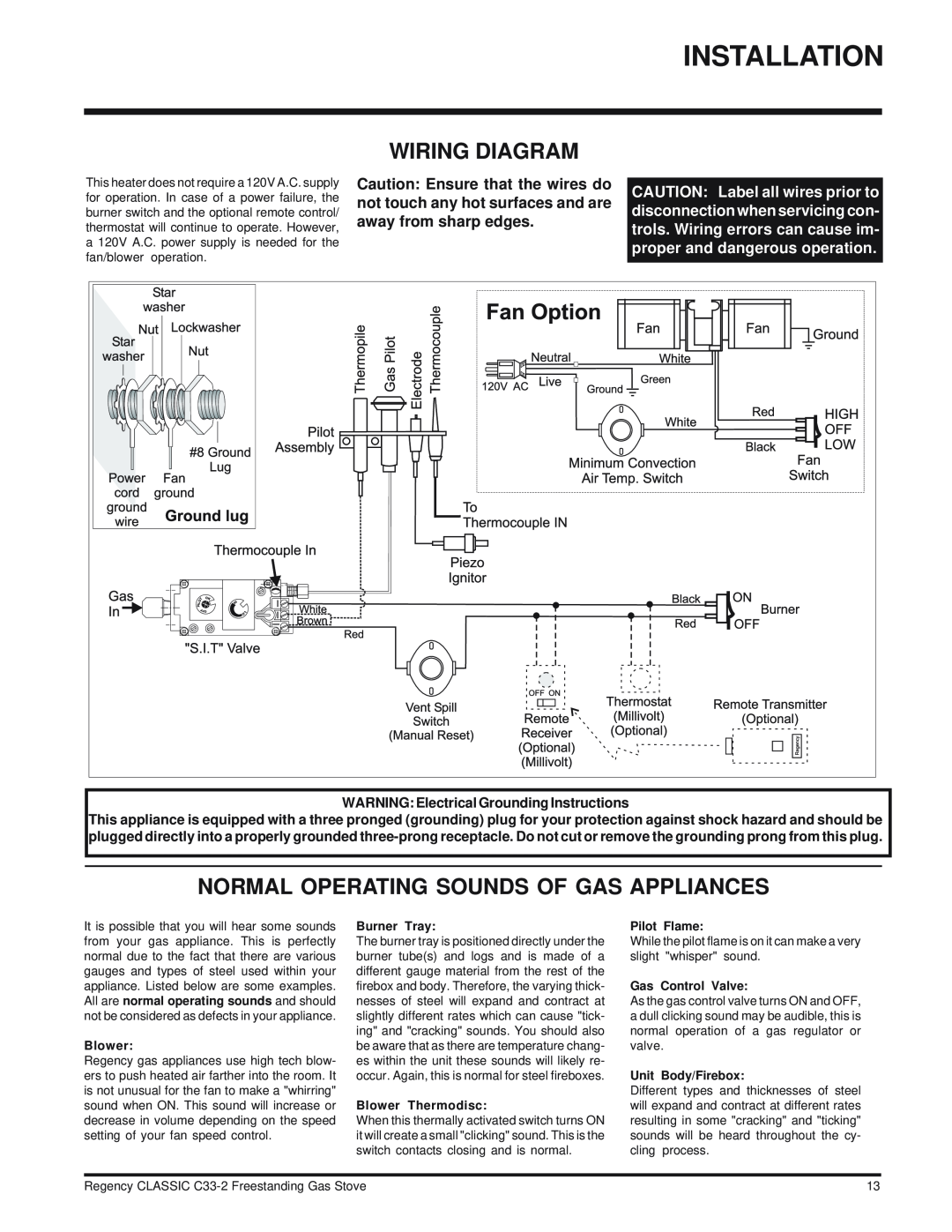 Regency C33-NG2 Wiring Diagram, Normal Operating Sounds Of Gas Appliances, WARNING Electrical Grounding Instructions 