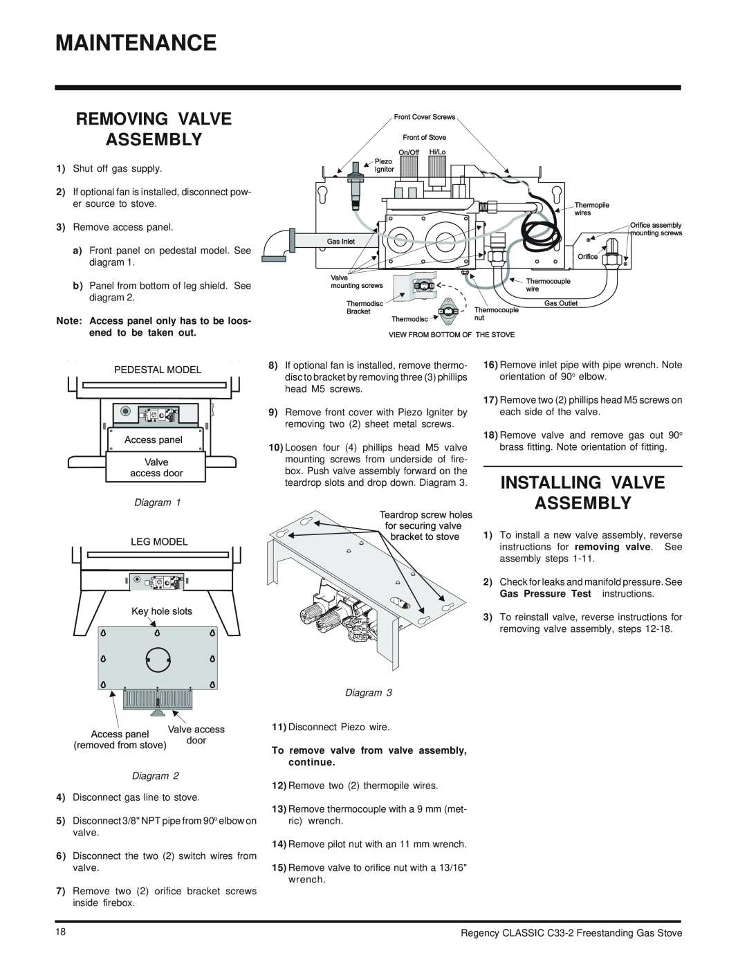 Regency C33-LP2, C33-NG2 installation manual Removing Valve Assembly, Installing Valve, Diagram Diagram 