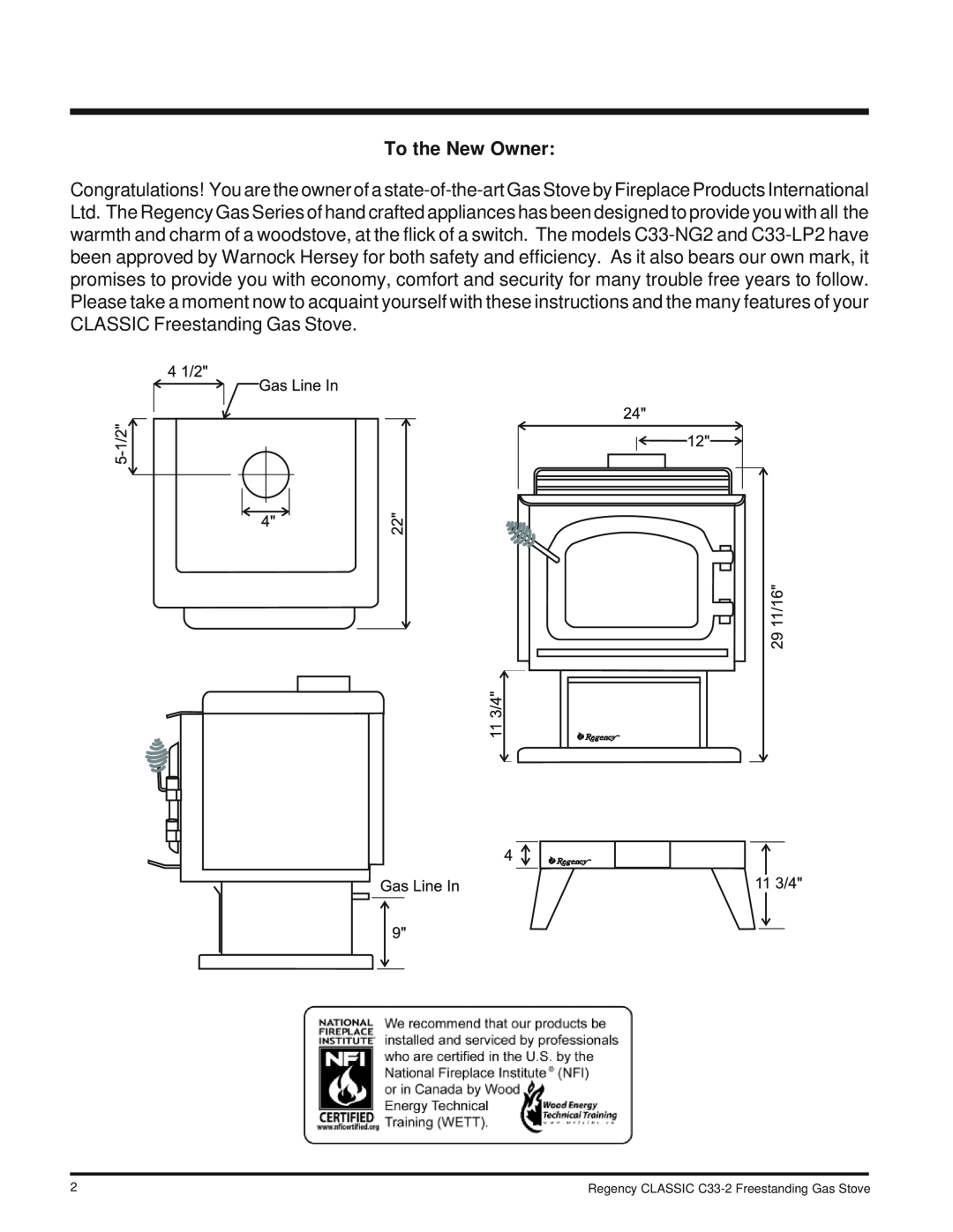 Regency C33-LP2, C33-NG2 installation manual To the New Owner, Regency CLASSIC C33-2Freestanding Gas Stove 