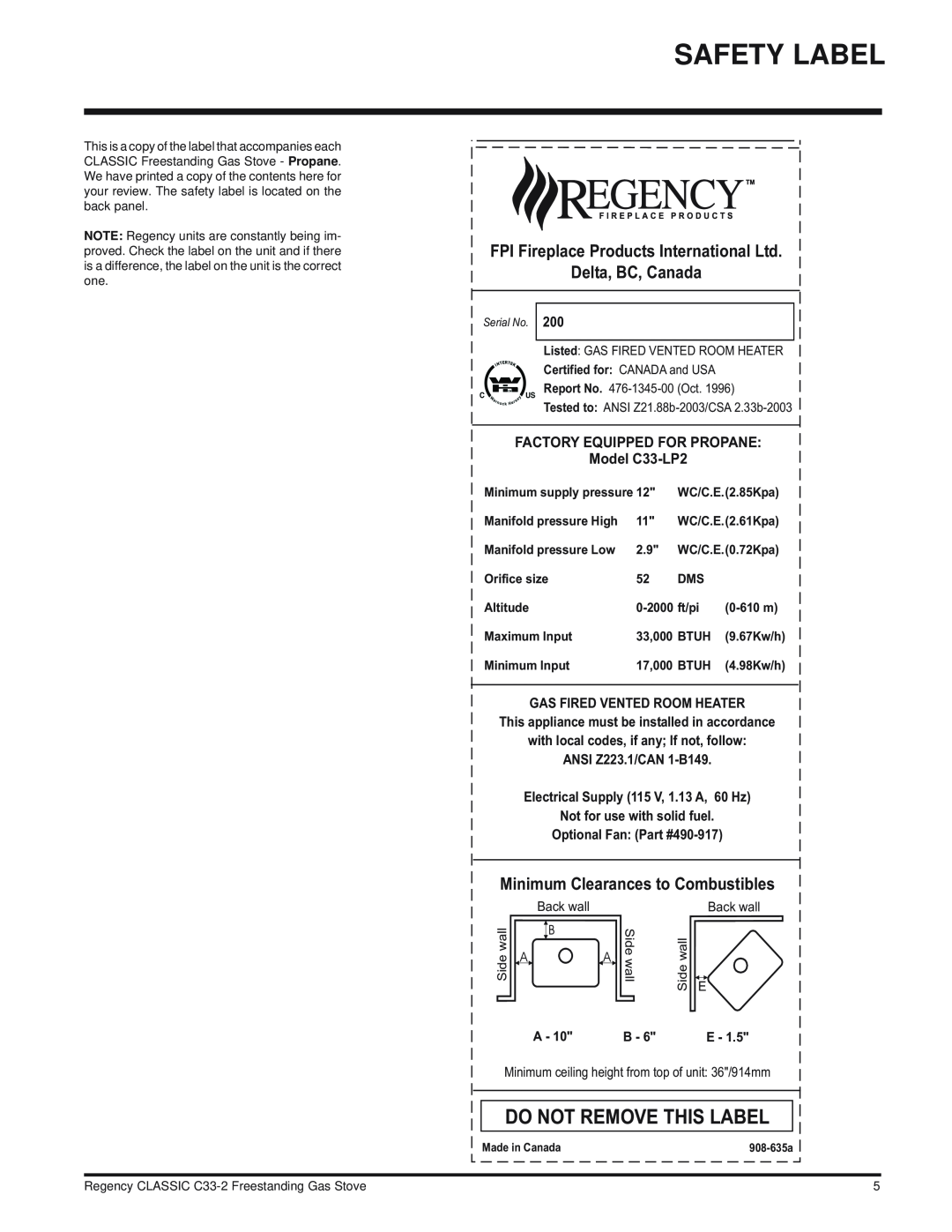 Regency C33-NG2 Do Not Remove This Label, Delta, BC, Canada, Minimum Clearances to Combustibles, ANSI Z223.1/CAN 1-B149 