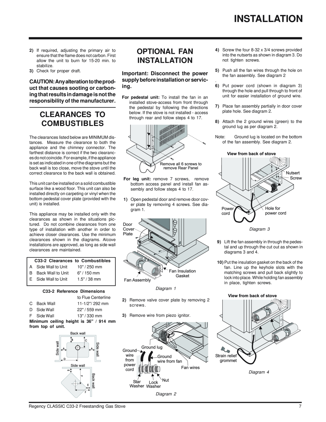 Regency C33-NG2, C33-LP2 installation manual Clearances To Combustibles, Optional Fan Installation, Diagram Diagram 