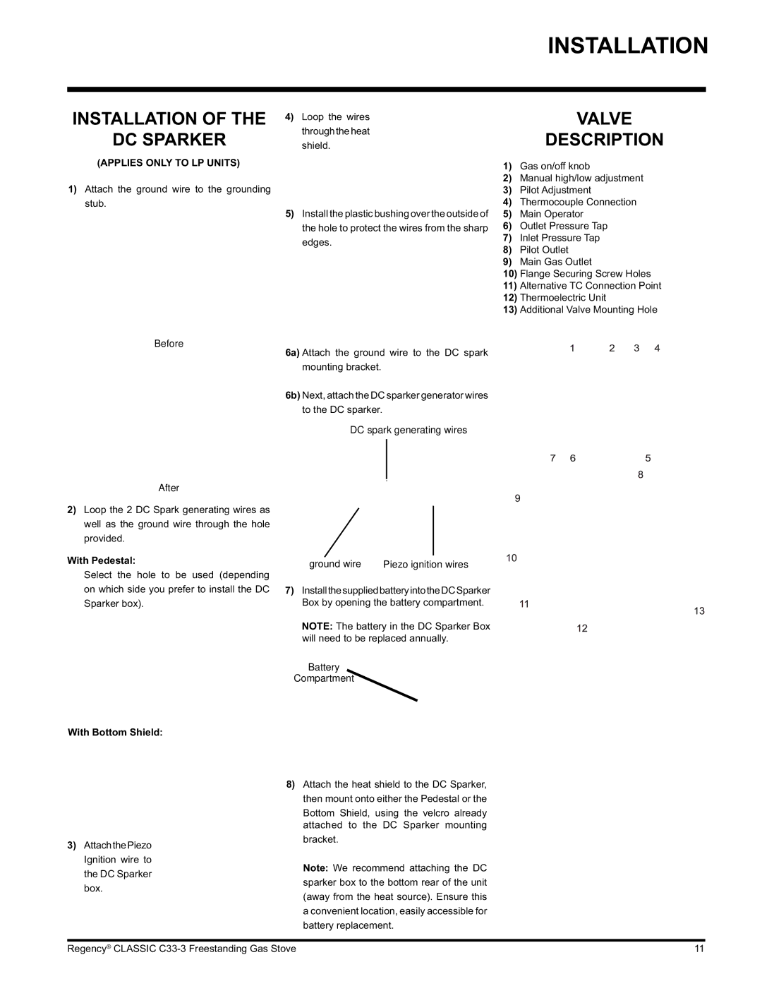 Regency C33-NG3, C33-LP3 installation manual Installation DC Sparker, Valve, With Pedestal, With Bottom Shield 