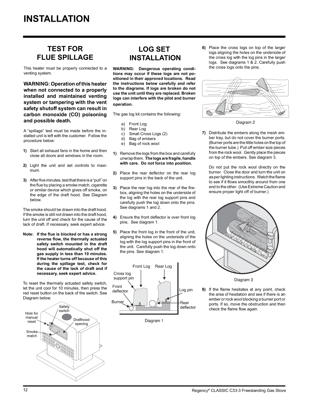 Regency C33-LP3, C33-NG3 installation manual Test for LOG SET Flue Spillage Installation, Operation 