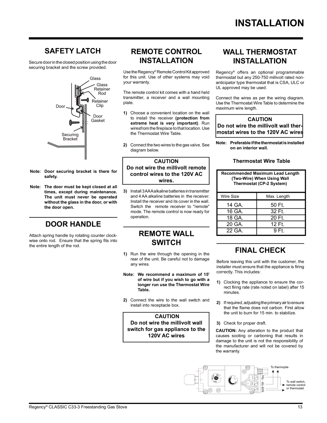 Regency C33-NG3 Safety Latch, Door Handle, Remote Control Installation, Remote Wall Switch, Wall Thermostat Installation 