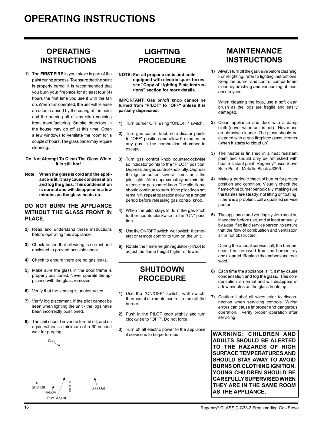 Regency C33-LP3 Operating Instructions, Shutdown Procedure, Do Not Attempt To Clean The Glass While It is still hot 