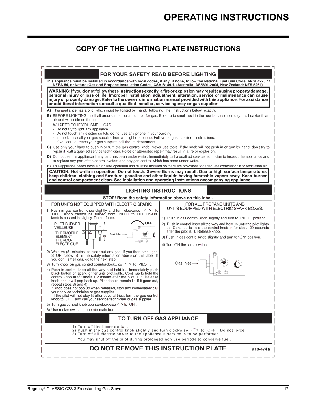 Regency C33-NG3, C33-LP3 installation manual Copy of the Lighting Plate Instructions, For Your Safety Read Before Lighting 