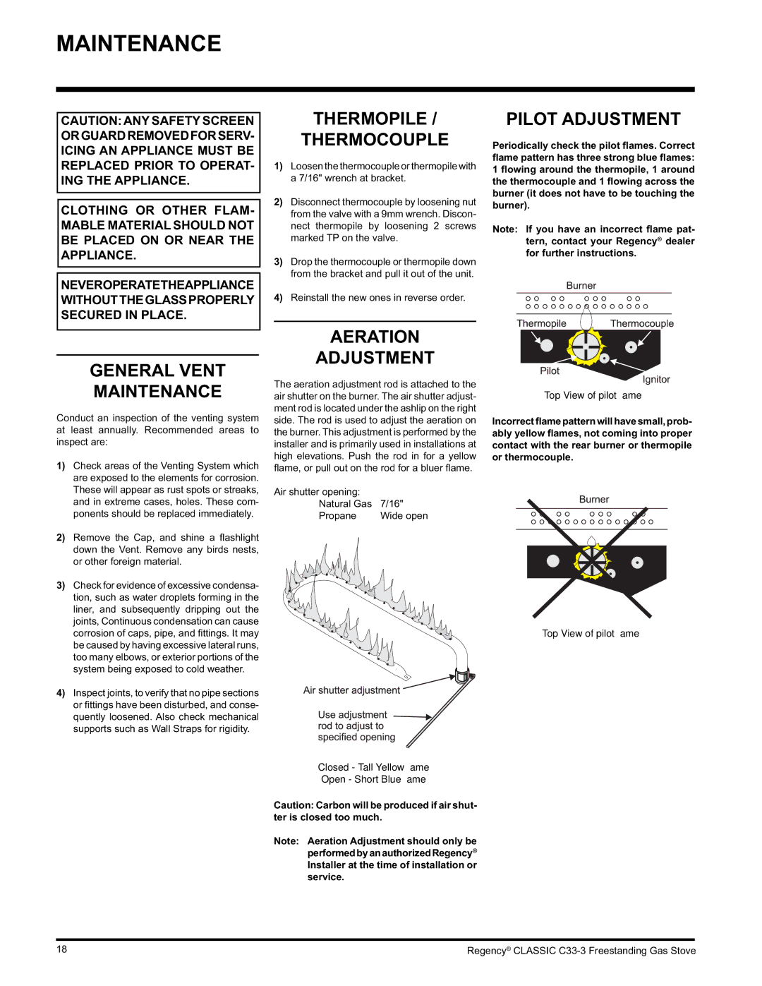 Regency C33-LP3, C33-NG3 General Vent Maintenance, Thermopile Thermocouple, Aeration Adjustment, Pilot Adjustment 