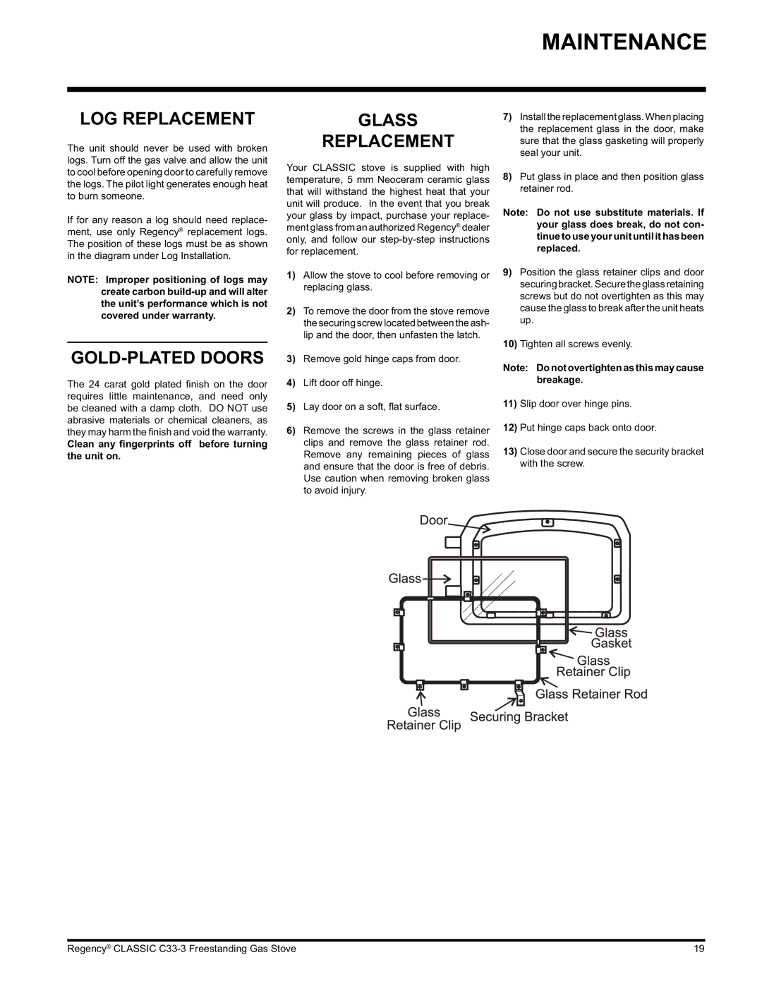 Regency C33-NG3, C33-LP3 installation manual LOG Replacement, GOLD-PLATED Doors, Glass Replacement 