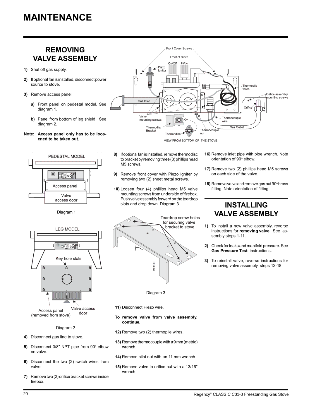 Regency C33-LP3, C33-NG3 Removing Valve Assembly, Installing, To remove valve from valve assembly, continue 