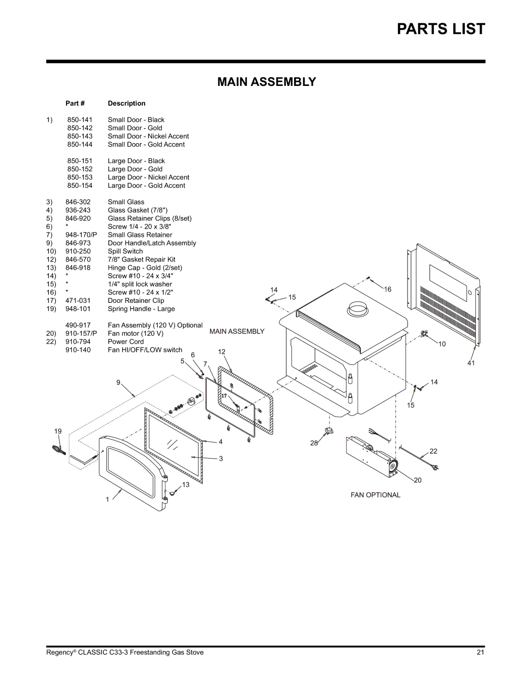 Regency C33-NG3, C33-LP3 installation manual Parts List, Main Assembly 