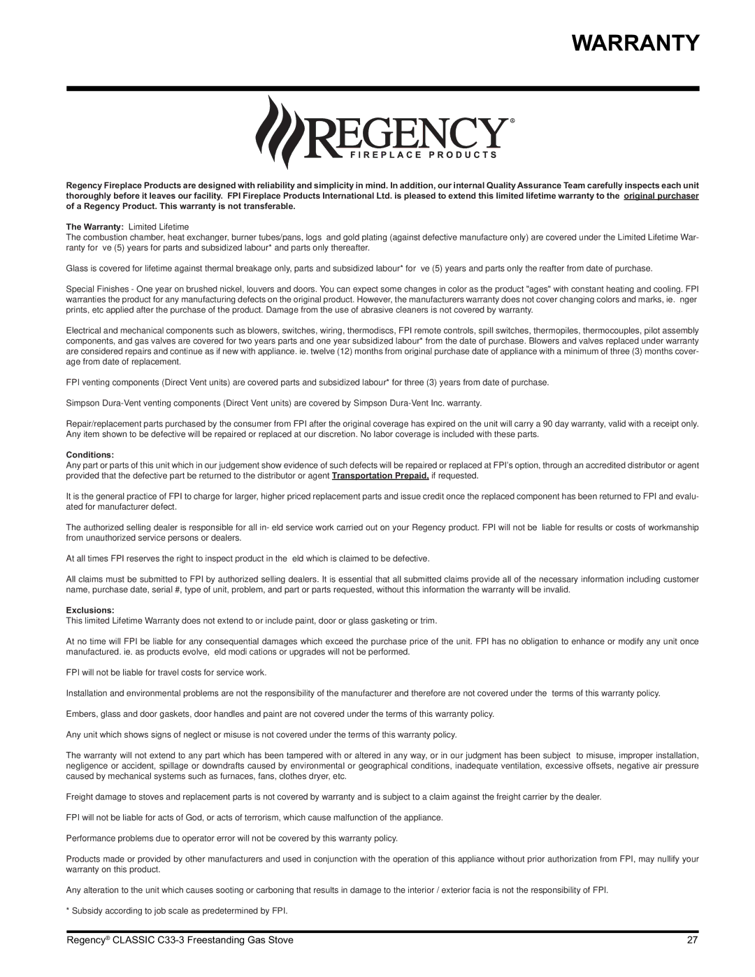 Regency C33-NG3, C33-LP3 installation manual Warranty, Conditions 