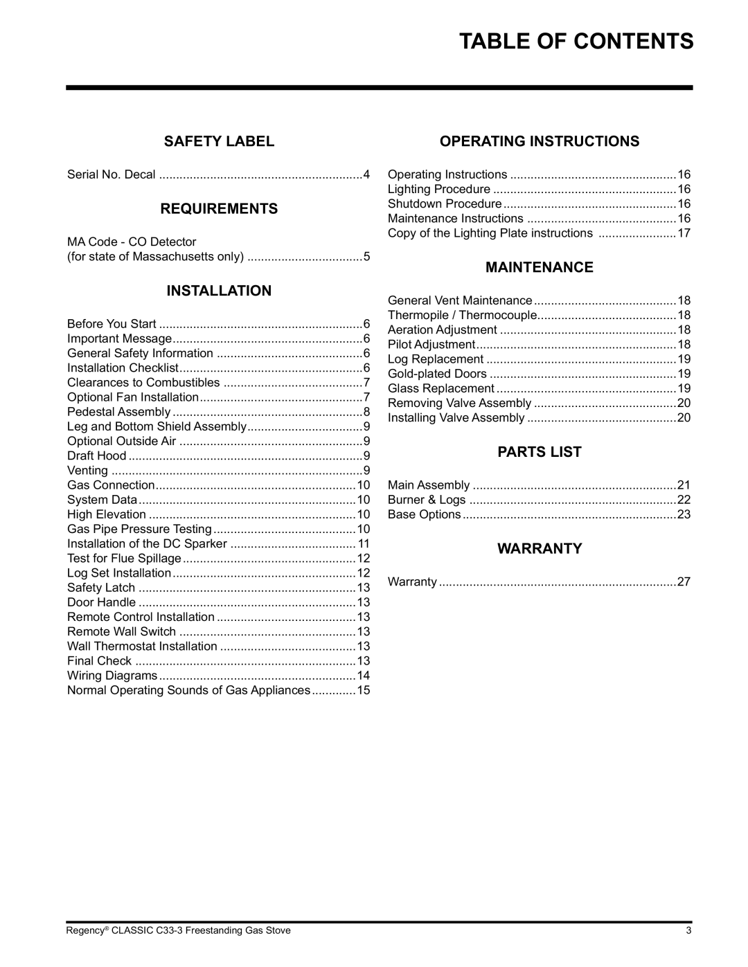 Regency C33-NG3, C33-LP3 installation manual Table of Contents 