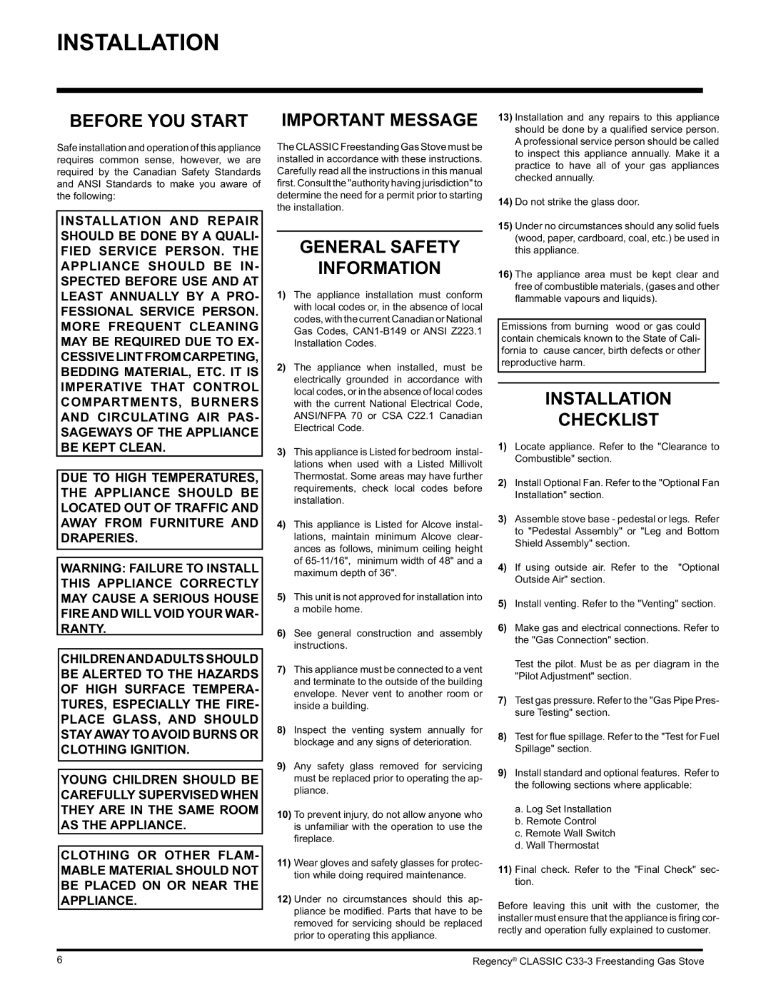 Regency C33-LP3, C33-NG3 Before YOU Start, Important Message, General Safety Information, Installation Checklist 