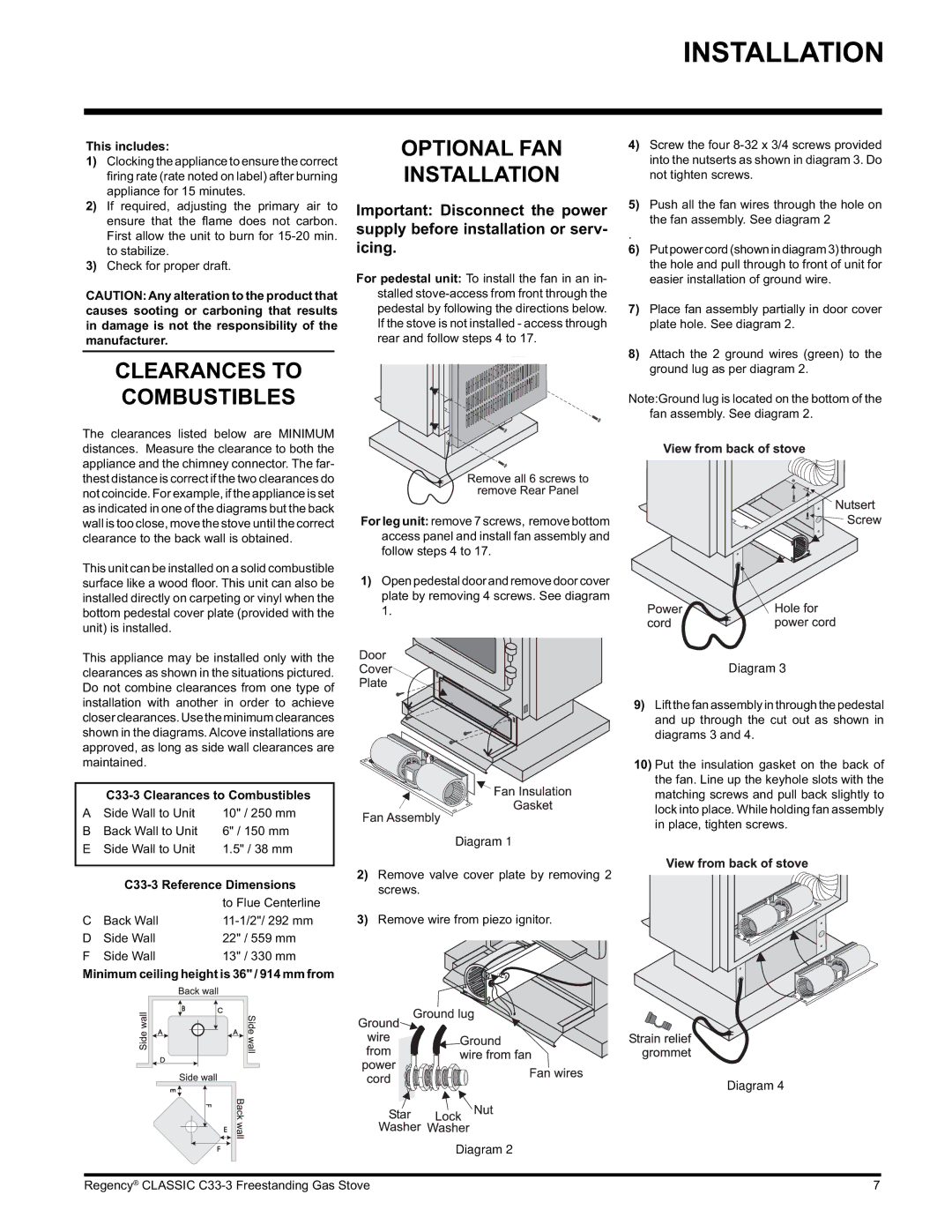 Regency C33-NG3 Optional FAN Installation, This includes, C33-3 Clearances to Combustibles, C33-3 Reference Dimensions 