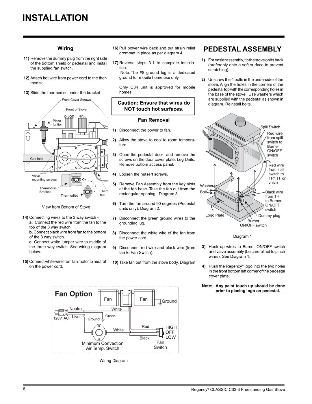 Regency C33-LP3, C33-NG3 installation manual Pedestal Assembly, Wiring 