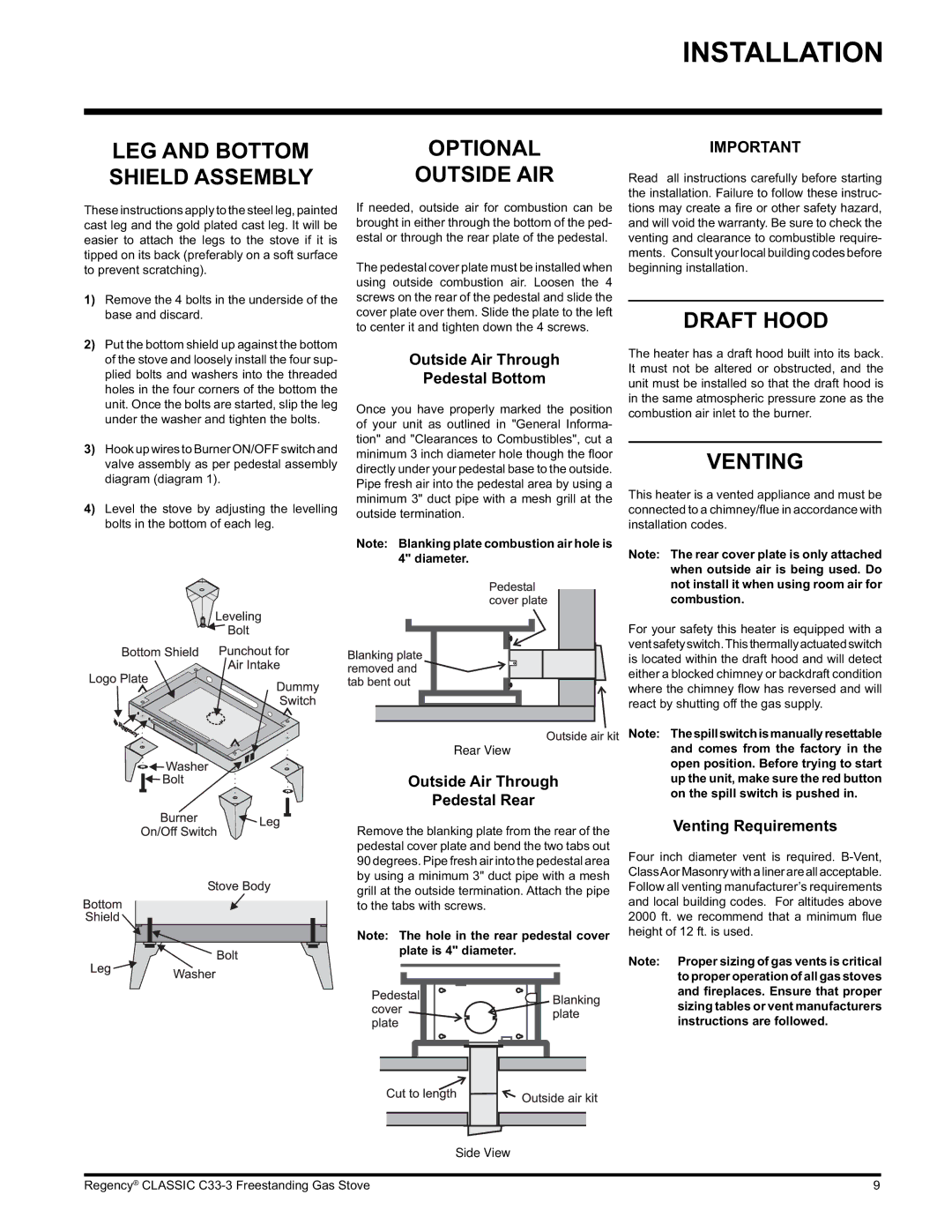 Regency C33-NG3, C33-LP3 installation manual Optional Outside AIR, Draft Hood, Venting 