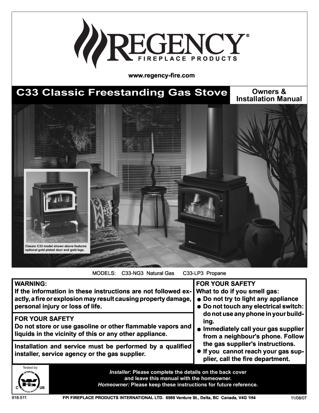 Regency C33-NG3, C33-LP3 installation manual C33 Classic Freestanding Gas Stove, Installation Manual, Owners 