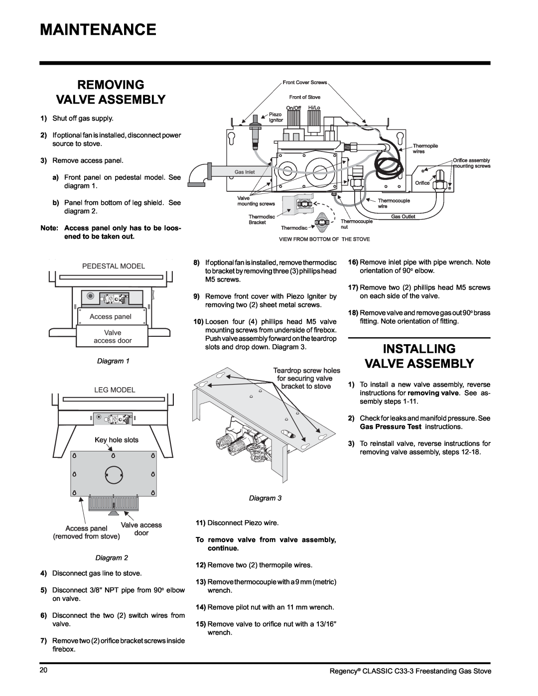 Regency C33-LP3, C33-NG3 installation manual Removing Valve Assembly, Installing, Diagram Diagram 