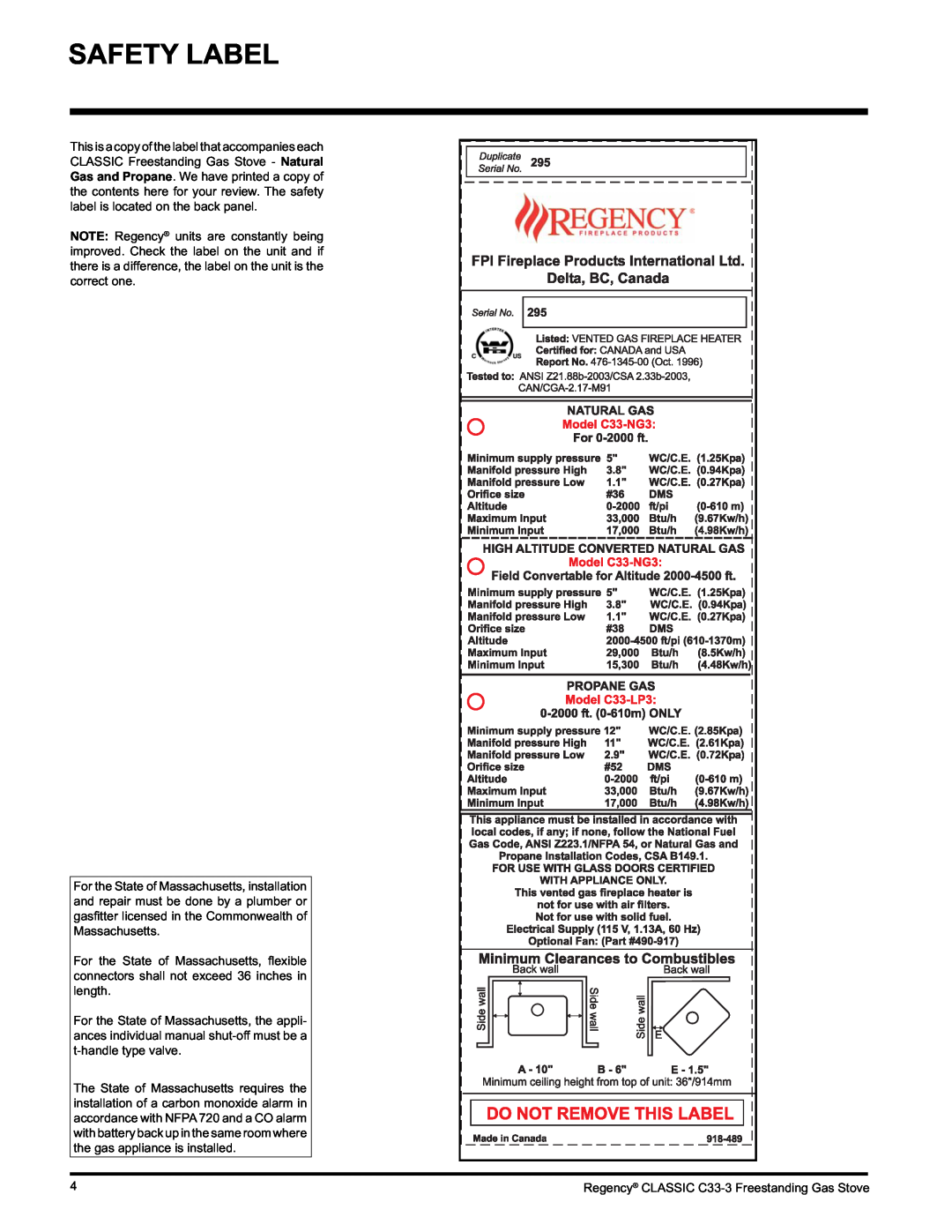 Regency C33-LP3, C33-NG3 installation manual Safety Label 