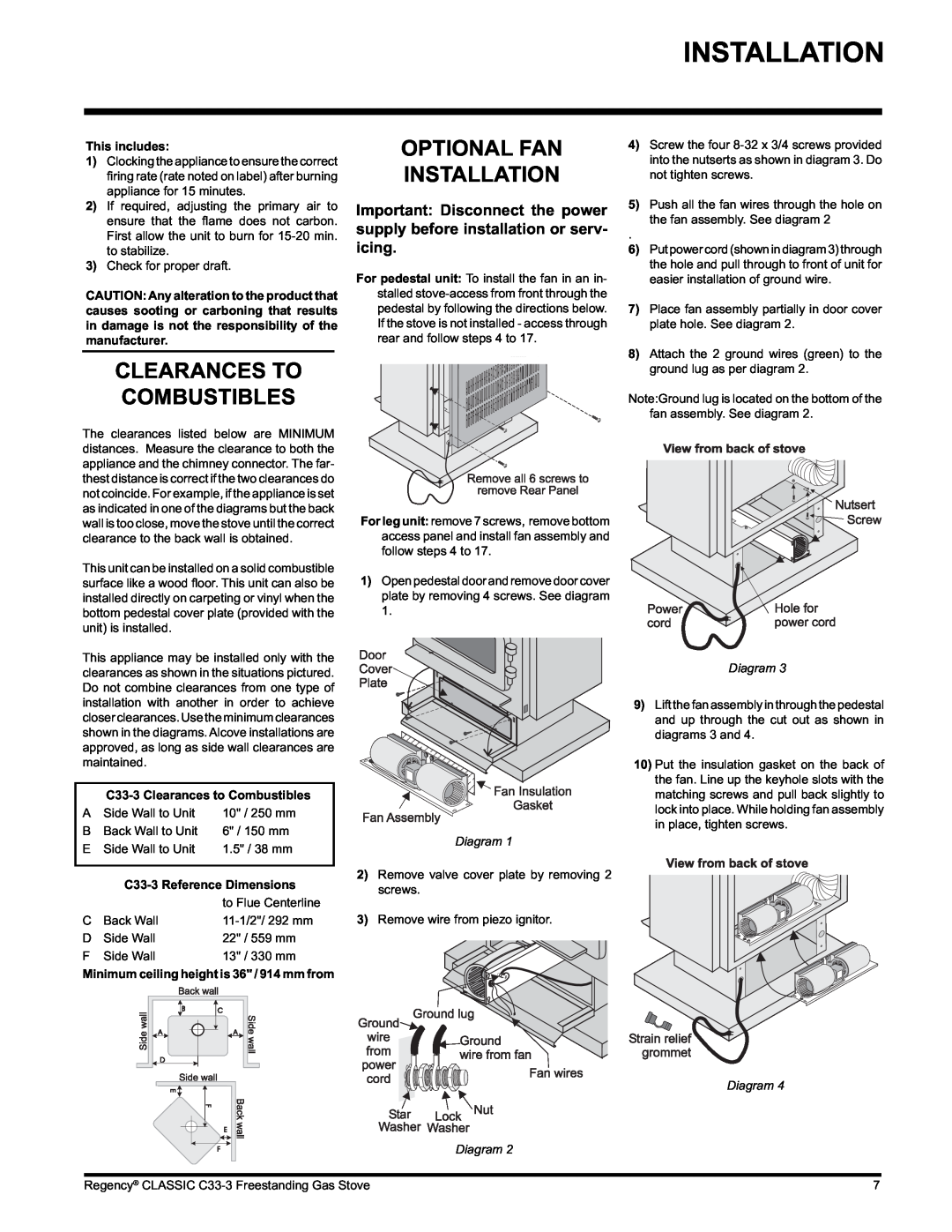 Regency C33-NG3, C33-LP3 installation manual Clearances To Combustibles, Optional Fan Installation, Diagram Diagram 