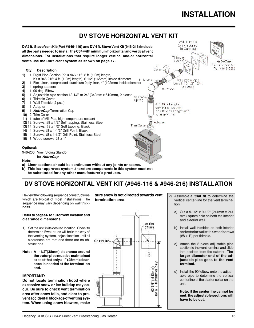 Regency C34-LP2, C34-NG2 installation manual DV Stove Horizontal Vent KIT, Optional 