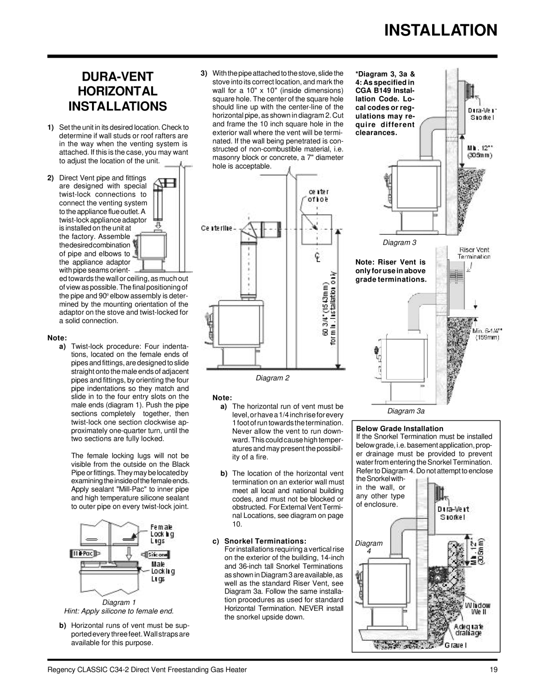 Regency C34-LP2, C34-NG2 DURA-VENT Horizontal Installations, Snorkel Terminations, Below Grade Installation 